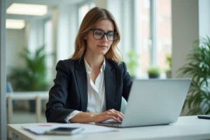 Femme professionnelle en bureau moderne gérant des annonces immobilières