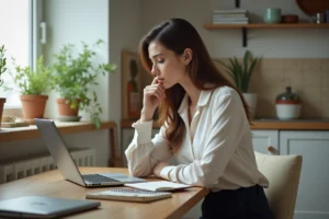 Femme travaillant à la maison avec ordinateur et carnet