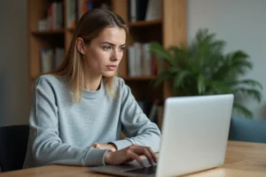 Femme vérifiant un site de streaming sur son ordinateur portable pour éviter les arnaques en ligne