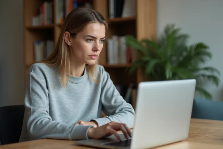 Femme vérifiant un site de streaming sur son ordinateur portable pour éviter les arnaques en ligne