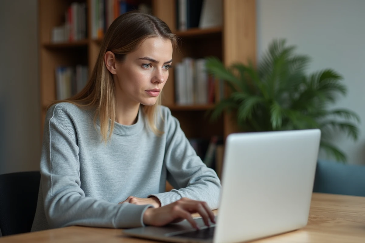 Femme vérifiant un site de streaming sur son ordinateur portable pour éviter les arnaques en ligne