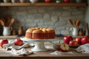 Gâteau au yaourt et pommes façon Cyril Lignac posé sur un présentoir en céramique dans une cuisine rustique française