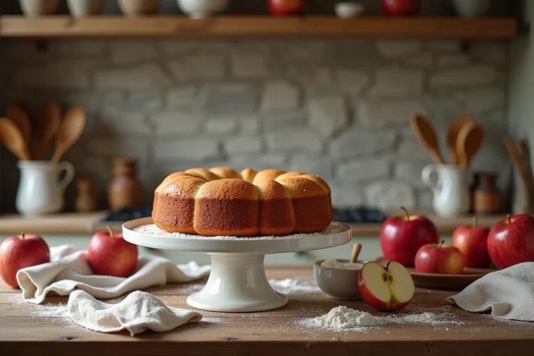 Gâteau au yaourt et pommes façon Cyril Lignac posé sur un présentoir en céramique dans une cuisine rustique française