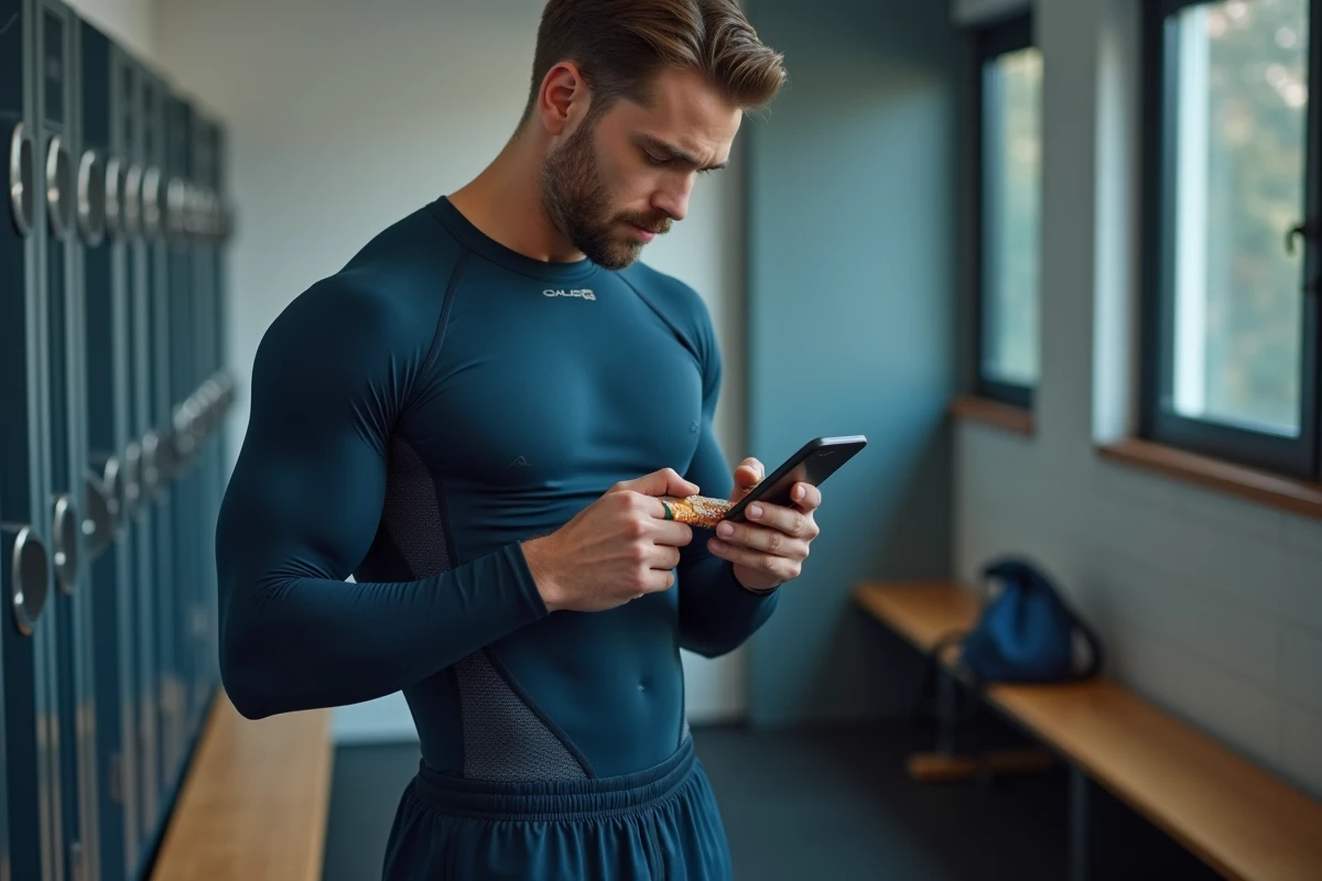 Sportif mangeant une barre énergétique aux céréales complètes avant l'entraînement dans un vestiaire de salle de sport