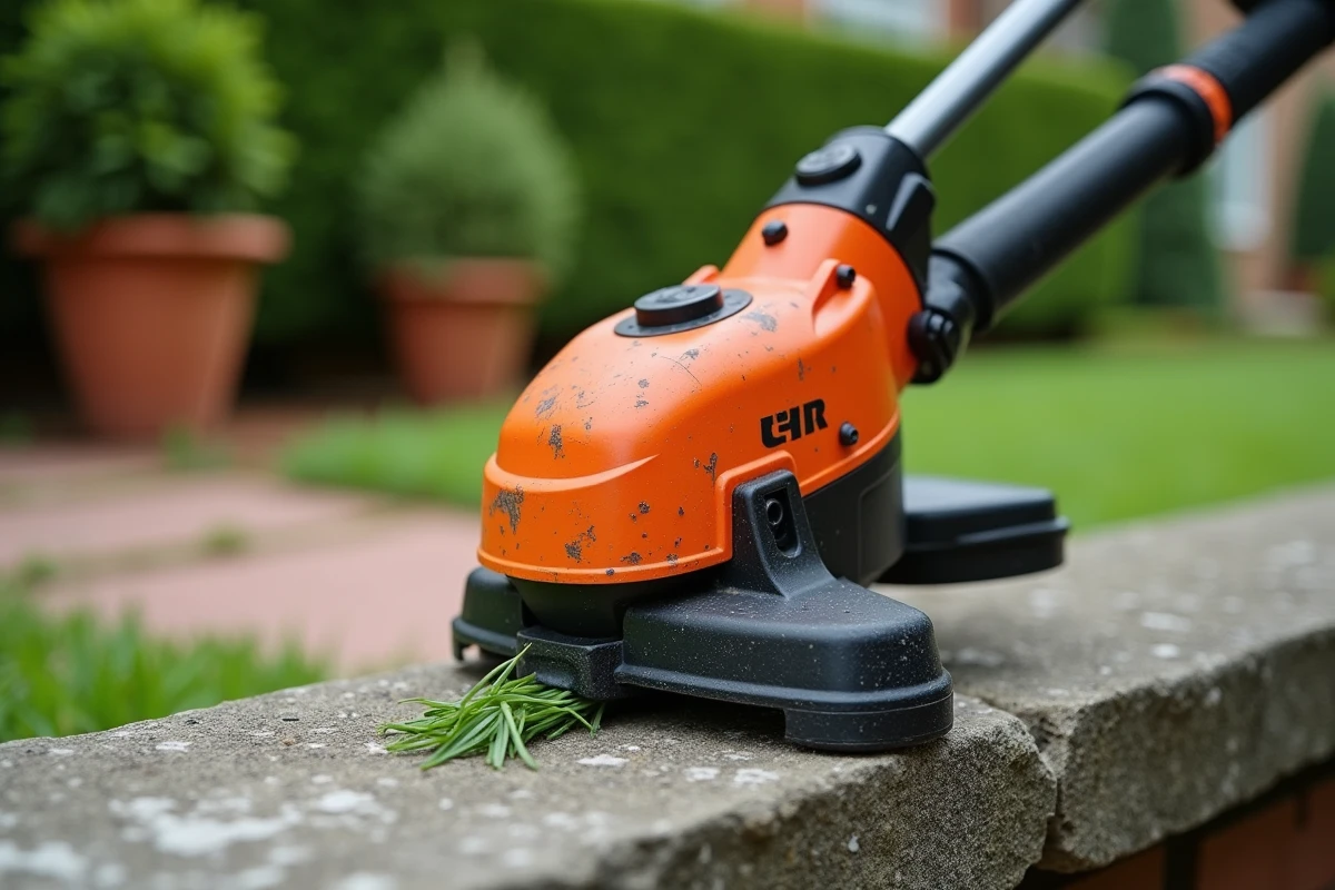 Gros plan sur un coupe-bordure thermique posé contre un mur de jardin en béton avec détails de la tête de coupe