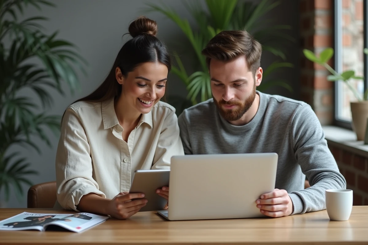 Homme et femme consultant un guide complet de rubriques mode sur ordinateur portable et tablette