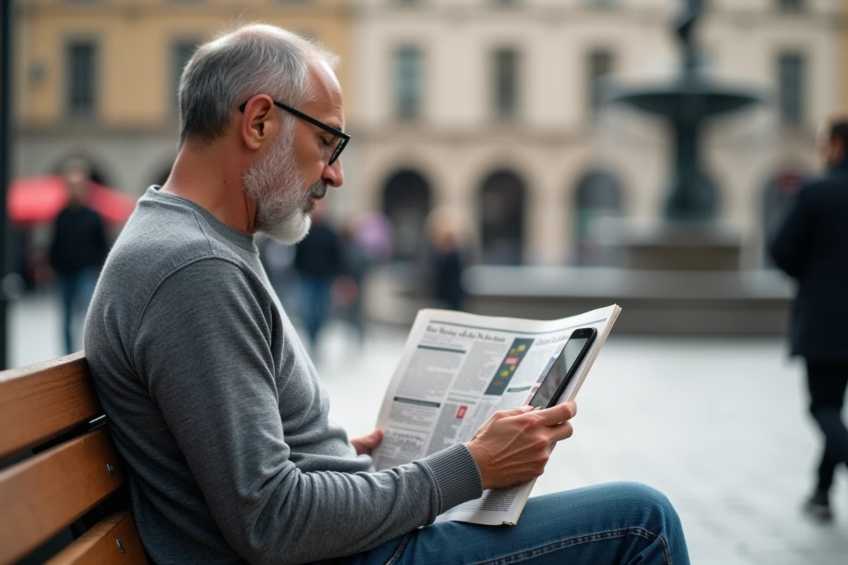 Homme lisant un journal et consultant son smartphone dans une place publique urbaine animée pour suivre l'actualité en temps réel