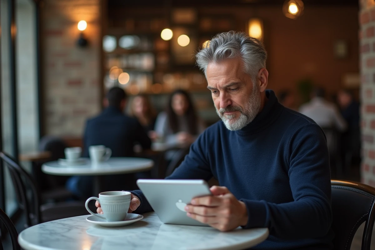 Homme consultant un site de voyage structuré sur une tablette dans un café urbain, démontrant l'organisation et la navigation d'un site touristique