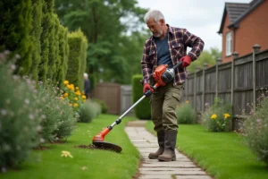 Homme utilisant un coupe-bordure thermique pour entretenir les bordures d'une pelouse résidentielle