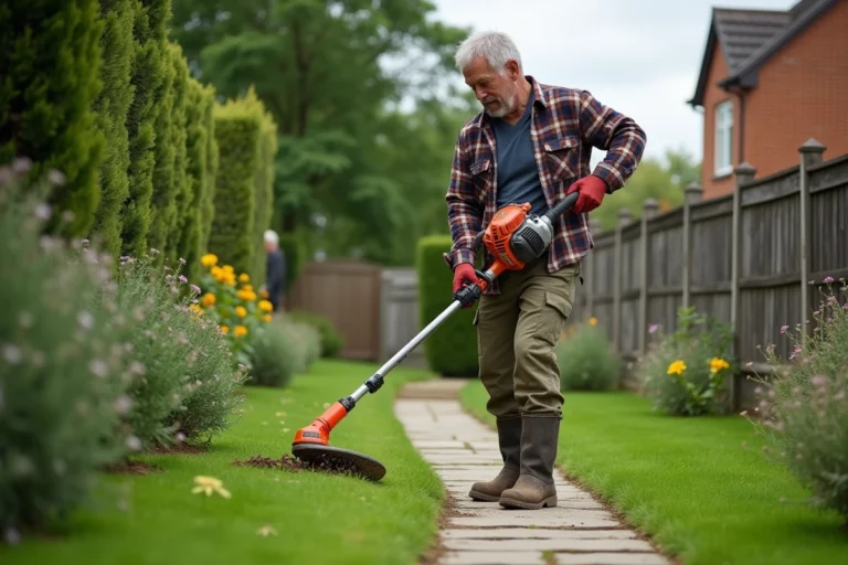 Homme utilisant un coupe-bordure thermique pour entretenir les bordures d'une pelouse résidentielle