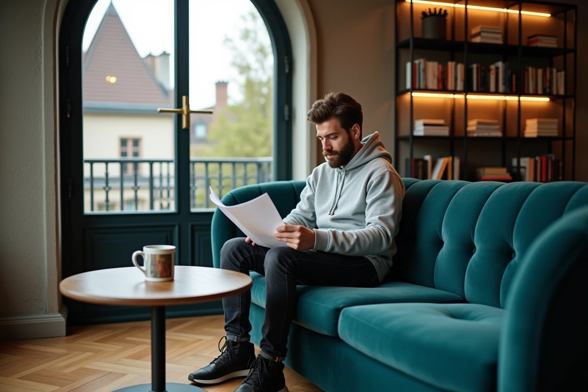 Homme travaillant seul dans un salon confortable d'un espace de coworking avec vue sur la ville