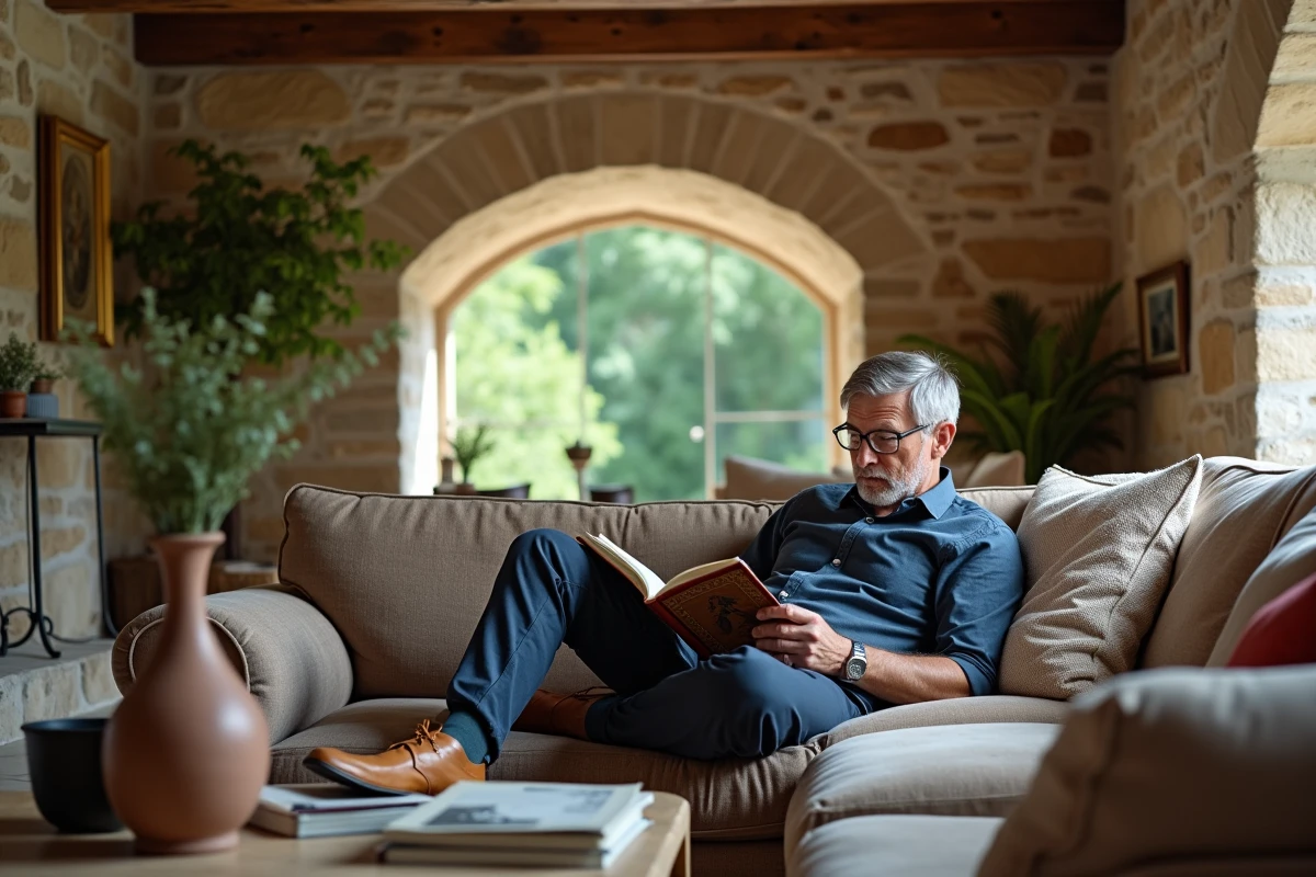 Homme lisant un livre d art dans un salon rustique et cosy