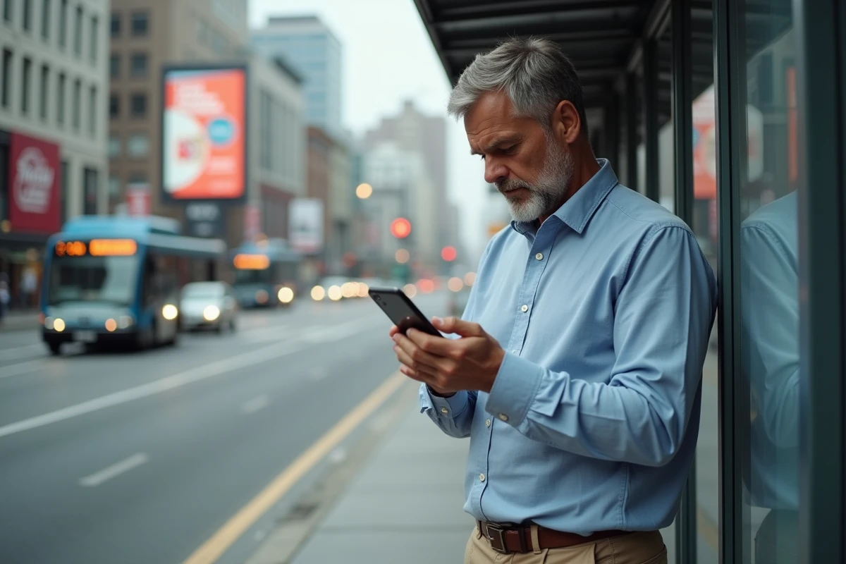 Homme recherchant un emploi dans la ville avec smartphone