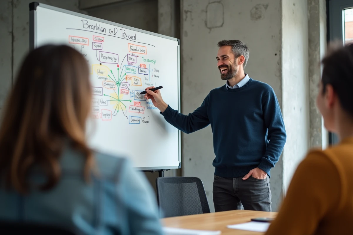 Homme souriant devant un tableau blanc lors d'une réunion d'équipe, symbolisant l'engagement et la motivation professionnelle