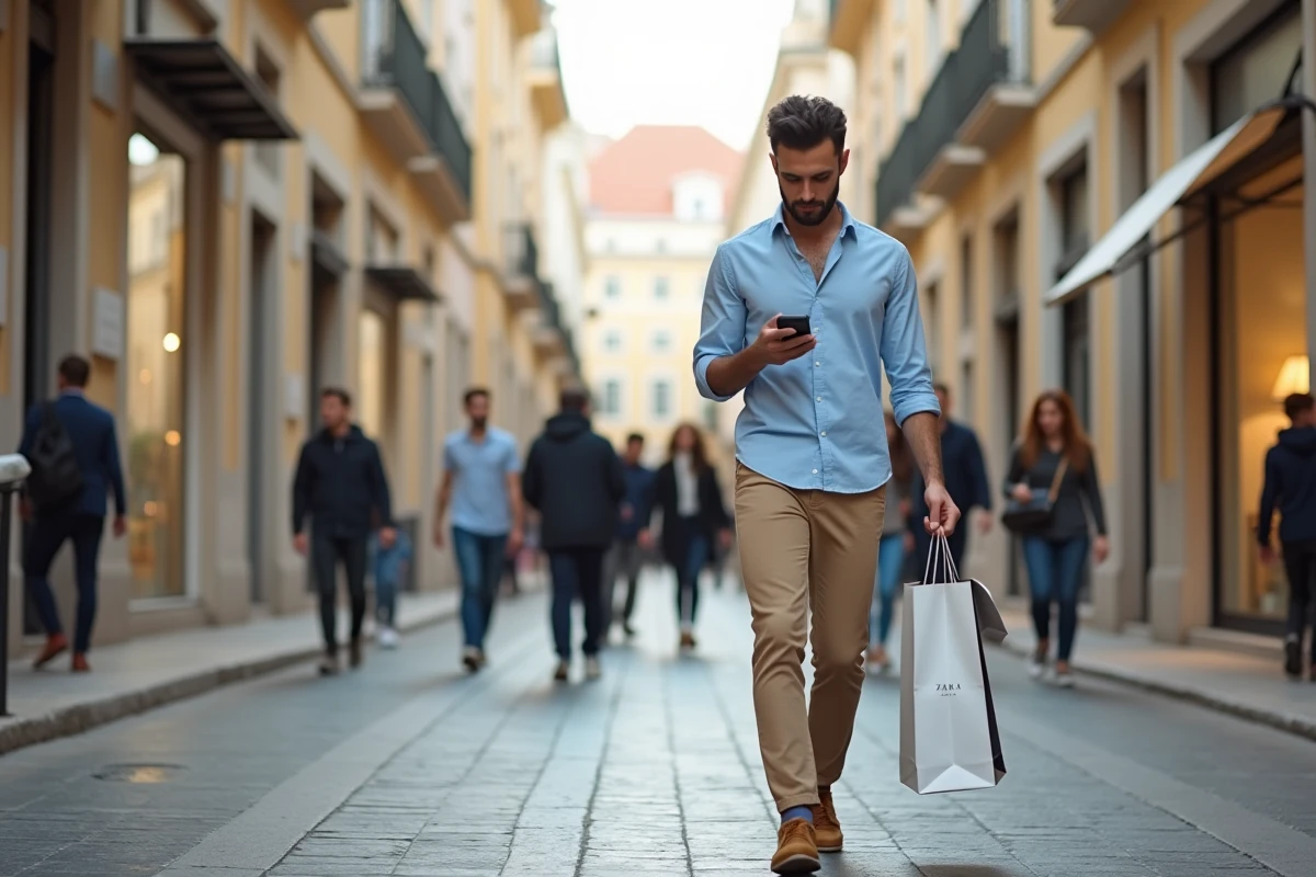 Homme avec sac Zara dans une rue de Lisbonne