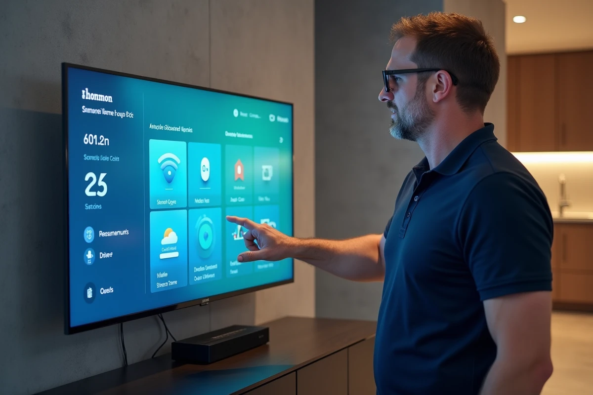Homme interagissant avec l'interface connectée d'une Smart TV Thomson dans un appartement moderne