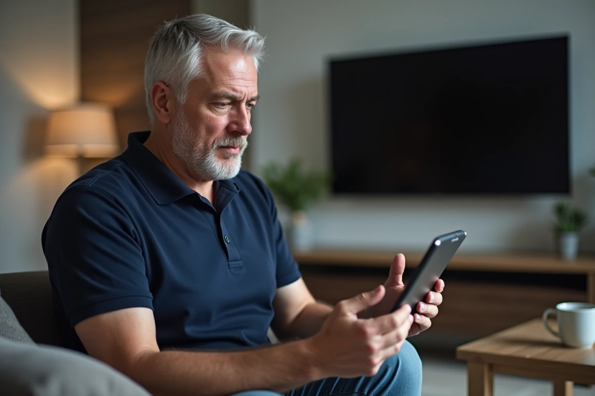 Homme consultant un site de streaming sur tablette dans son salon pour identifier un site fiable