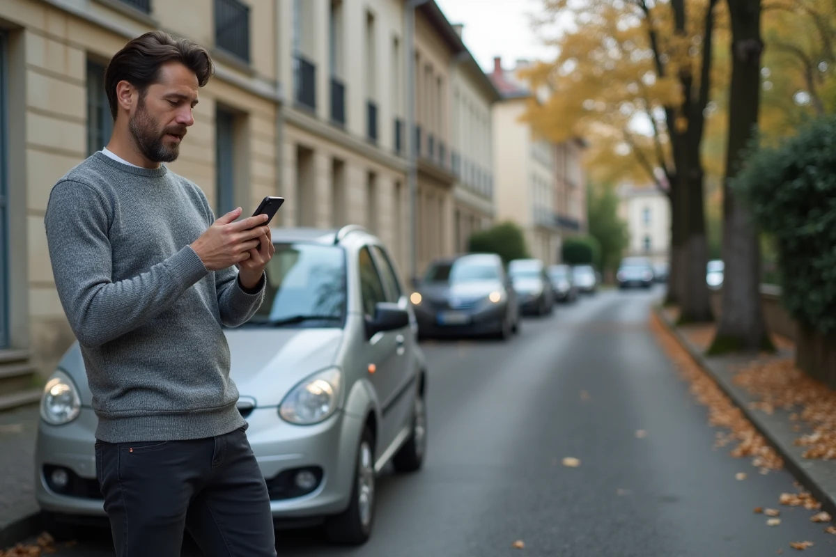 Homme à côté de sa voiture compacte garée dans une rue résidentielle française illustrant le concept de petit rouleur