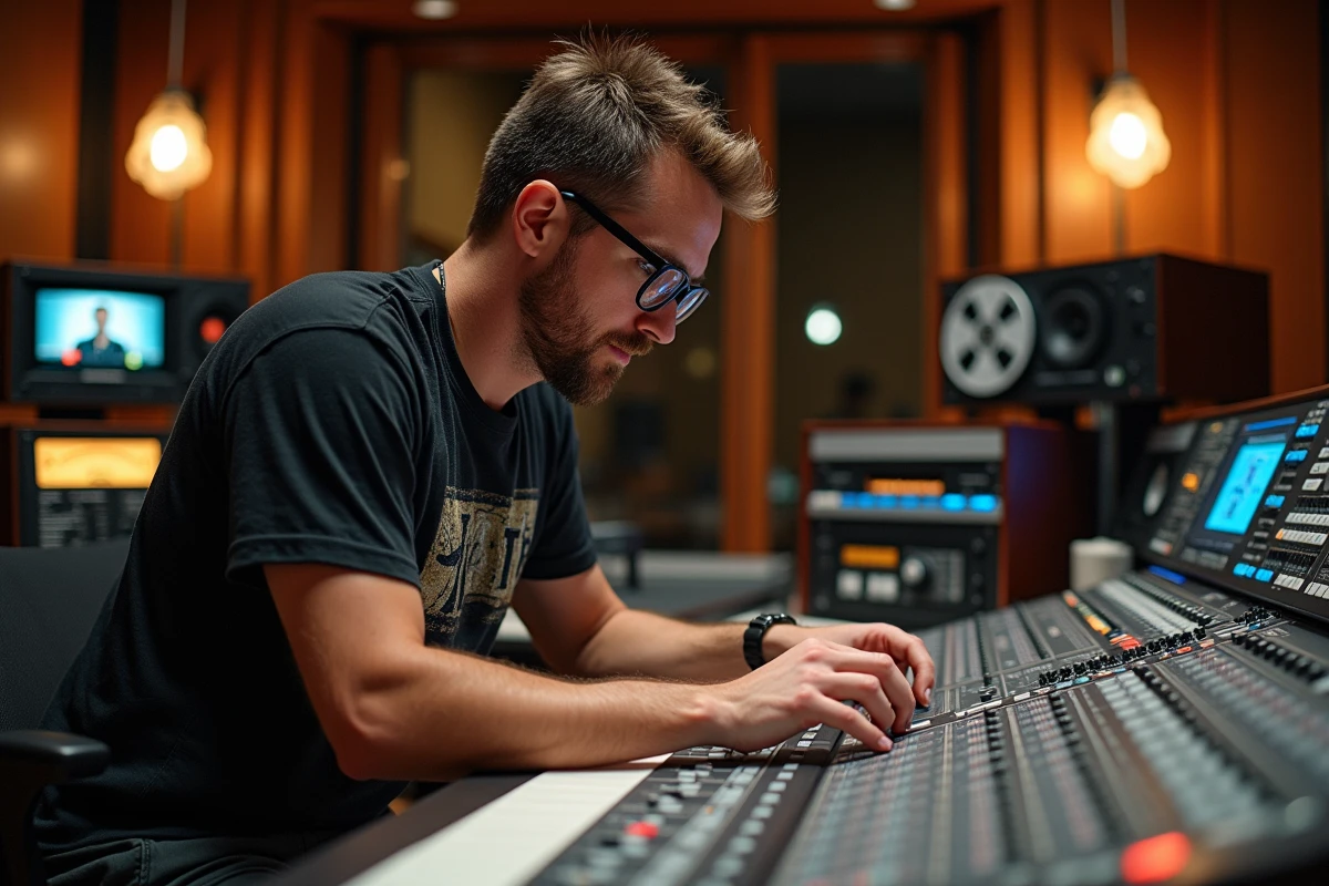 Ingénieur du son ajustant une console de mixage analogique dans une salle de contrôle professionnelle
