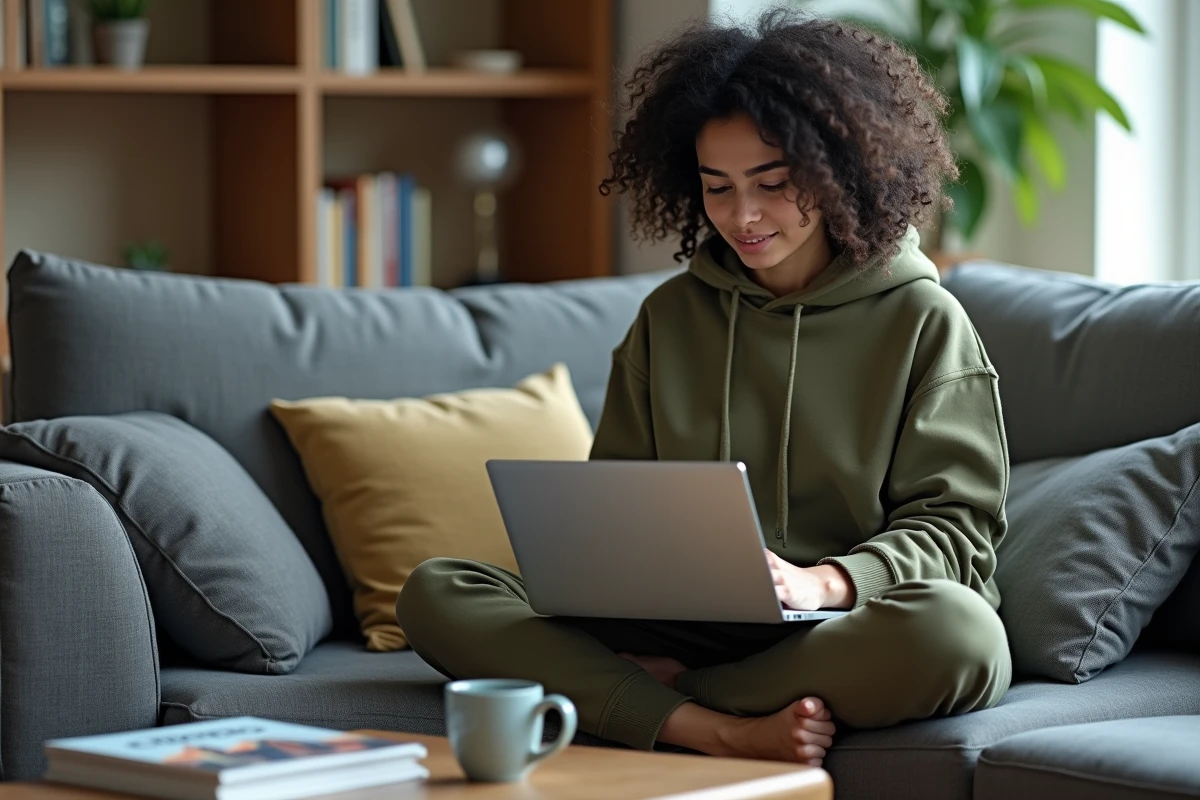 Jeune femme comparant plusieurs sites de voyage sur son ordinateur portable dans un salon, illustrant la recherche et la compréhension de la structure des plateformes touristiques