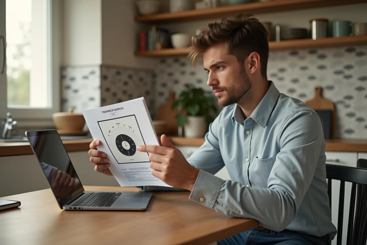 Jeune homme utilisant un ordinateur en cuisine