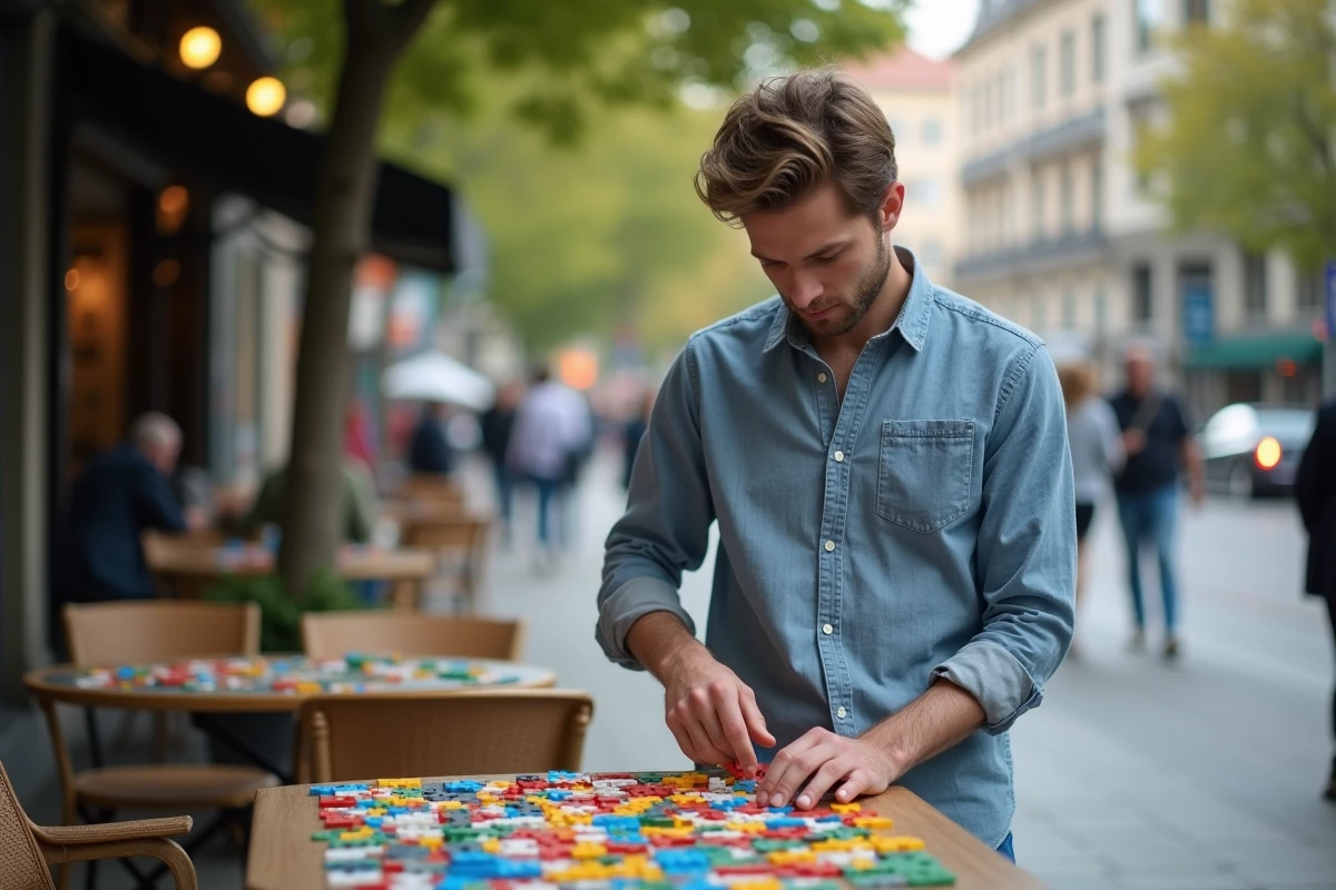 Jeune homme assemblant un puzzle géométrique en extérieur