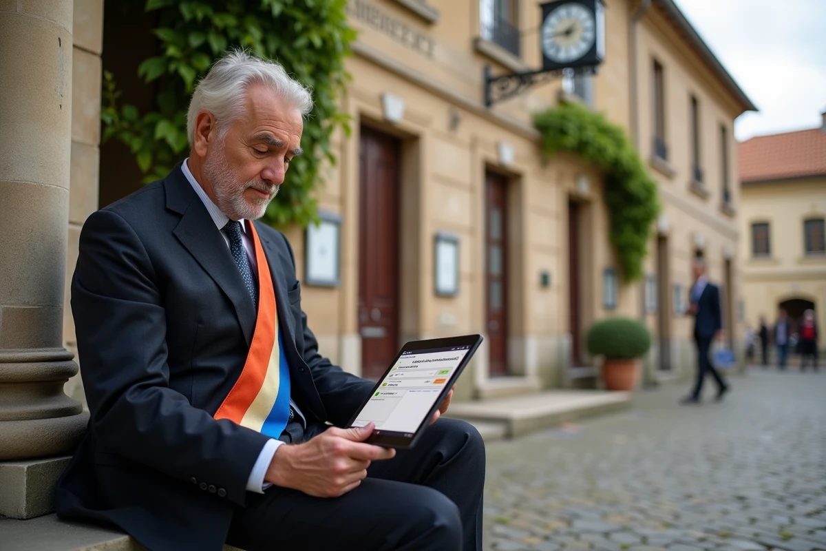 Maire d'une commune rurale française utilisant une application numérique de concertation citoyenne devant la mairie