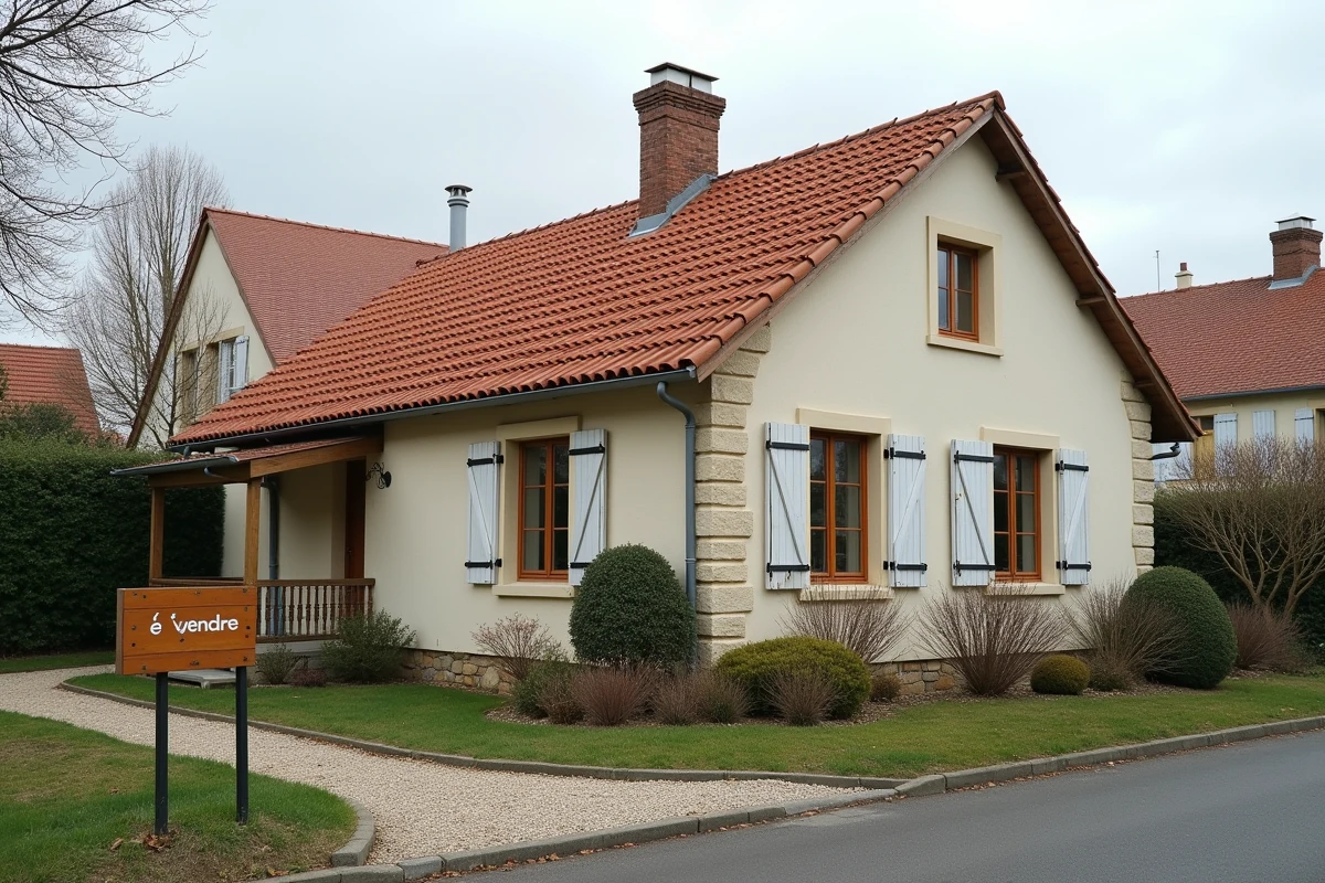 Maison individuelle française avec panneau à vendre dans un quartier résidentiel pavillonnaire