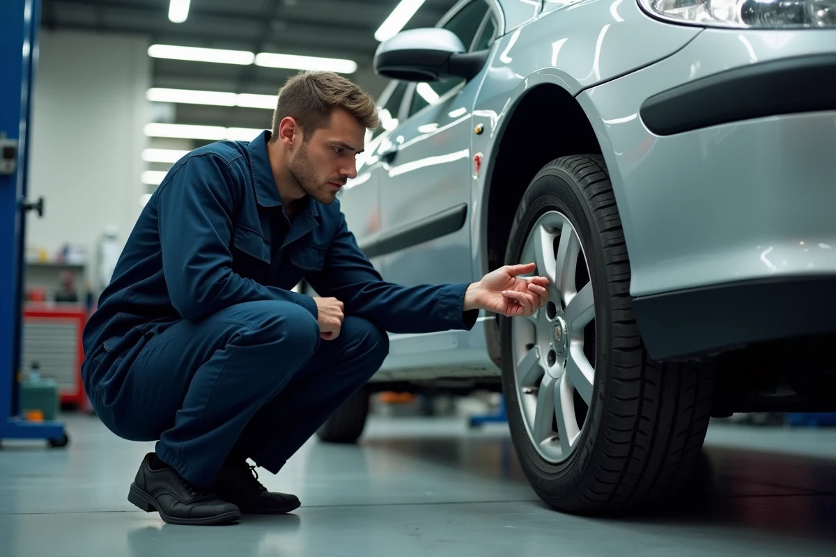 Mécanicien inspectant le capteur ABS d'une Peugeot 407 dans un garage automobile
