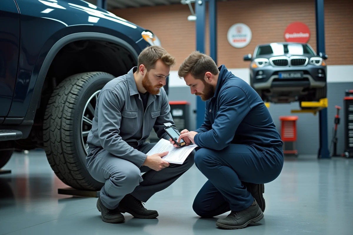 Deux mécaniciens automobile collaborant avec des données de réparation HaynesPro WorkshopData sur smartphone et document imprimé dans un garage