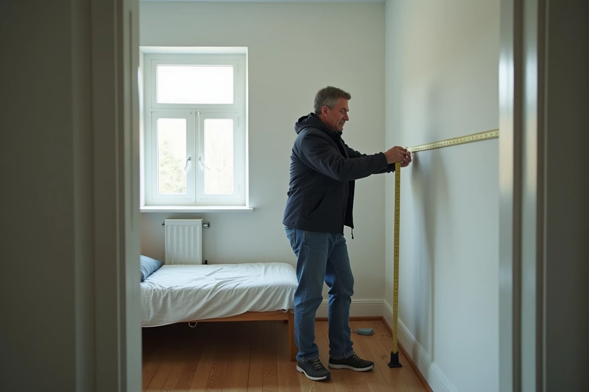 Propriétaire mesurant la superficie d'une petite chambre avec un mètre ruban pour se conformer à la loi 2026