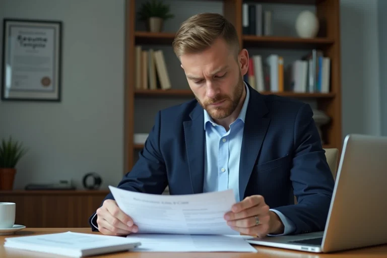 Ancien militaire en costume civil analysant son CV à un bureau pour une reconversion professionnelle réussie