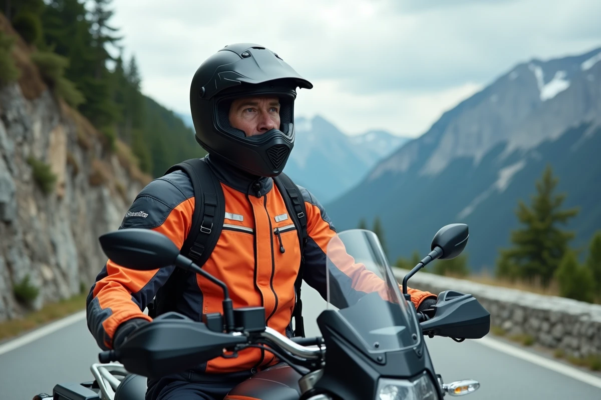 Motard aventurier en équipement complet sur un col de montagne avec une moto trail