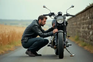 Motard en veste de cuir noir inspectant une moto café racer sur une route de campagne