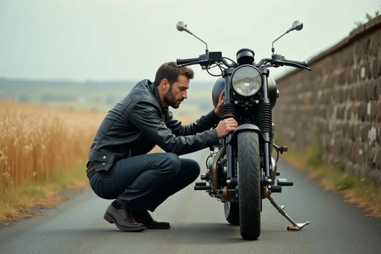 Motard en veste de cuir noir inspectant une moto café racer sur une route de campagne