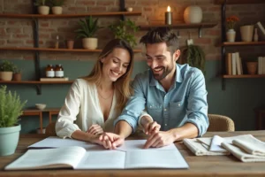 Couple organisant leur mariage autour d'une table en bois avec carnets et échantillons de tissu dans un cadre chaleureux et rustique