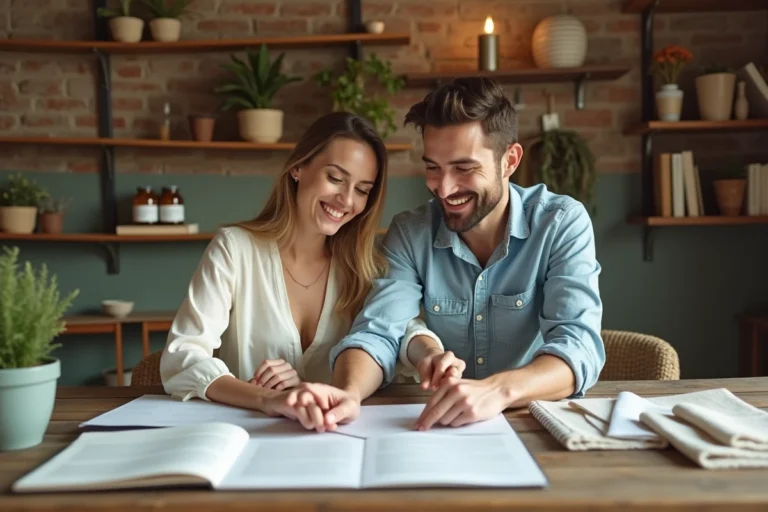 Couple organisant leur mariage autour d'une table en bois avec carnets et échantillons de tissu dans un cadre chaleureux et rustique