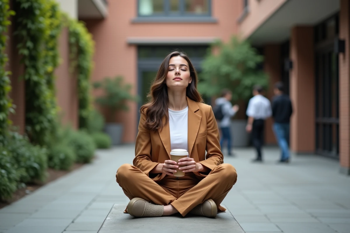 Jeune femme faisant une pause sereine en plein air avec un café, illustrant l'équilibre et le bien-être au travail