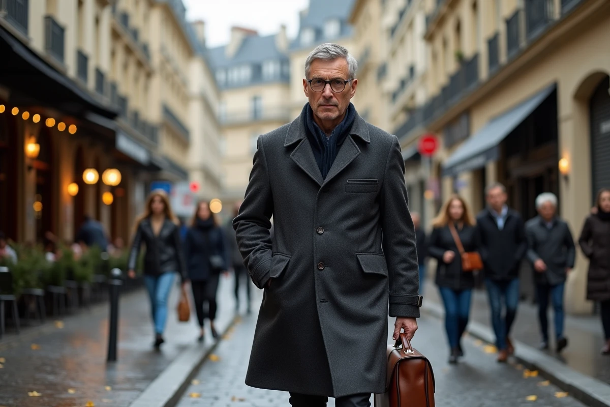 Homme public marchant dans les rues de Paris, symbolisant l'équilibre entre exposition médiatique et vie privée familiale