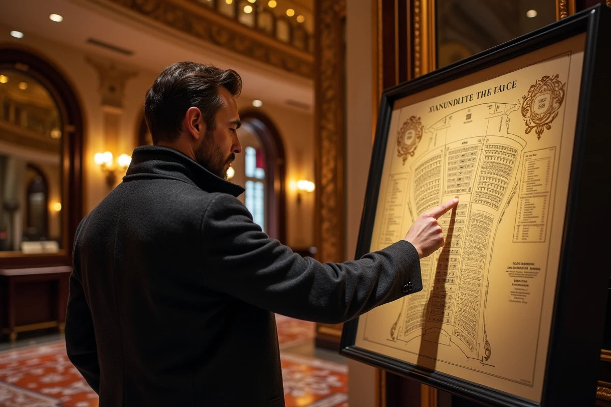 Homme consultant un plan de salle détaillé dans le hall du Théâtre Mogador pour choisir ses meilleures places pour Le Roi Lion