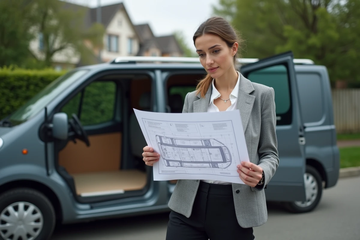 Architecte consultant un plan technique des dimensions du Renault Trafic L2H1 debout près de l'utilitaire en milieu urbain