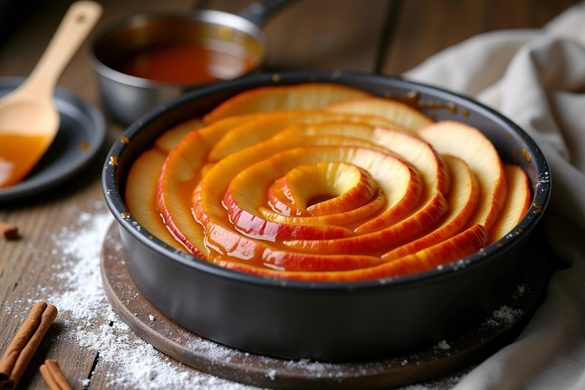 Pommes caramélisées disposées en rosace au fond d'un moule à gâteau rond sur bois rustique