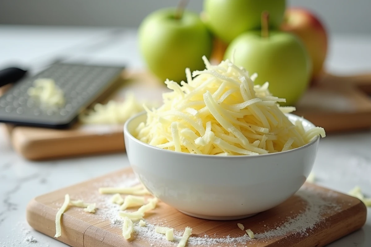 Pommes fraîchement râpées dans un bol en céramique blanche sur une planche en bois farinée