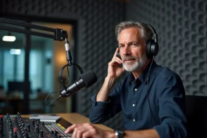 Présentateur radio masculin dans un studio professionnel avec microphone à condensateur et console de mixage