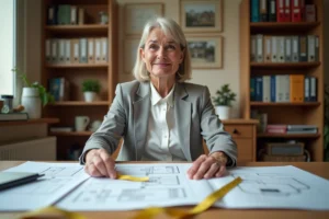 Propriétaire étudiant les nouvelles réglementations sur les petites chambres avec des documents et un plan d'appartement sur un bureau en bois