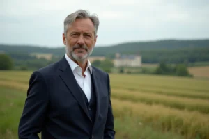 Propriétaire foncier français devant un vaste domaine agricole et forestier en zone rurale