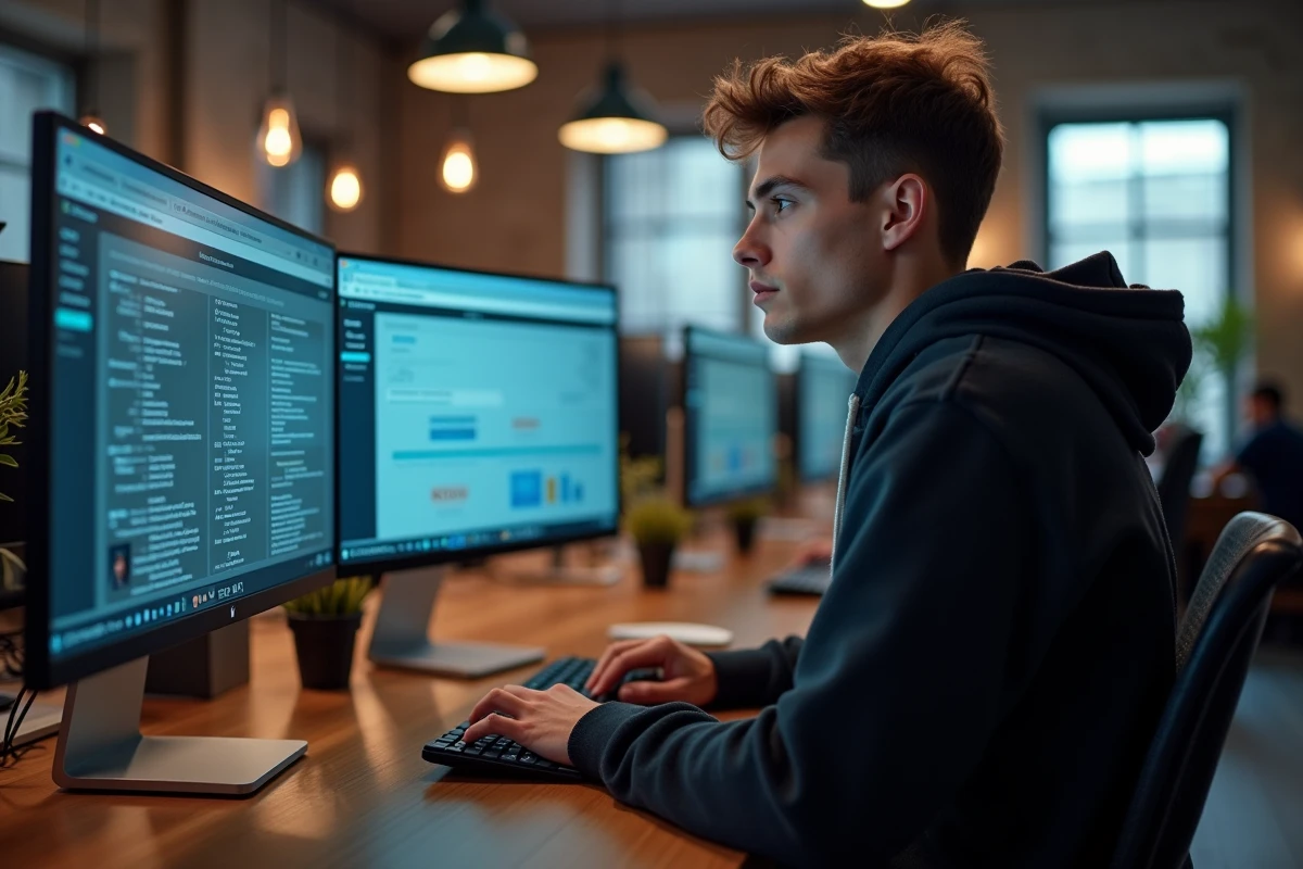 Jeune adulte recherchant un site de streaming sécurisé sur ordinateur dans un espace de coworking