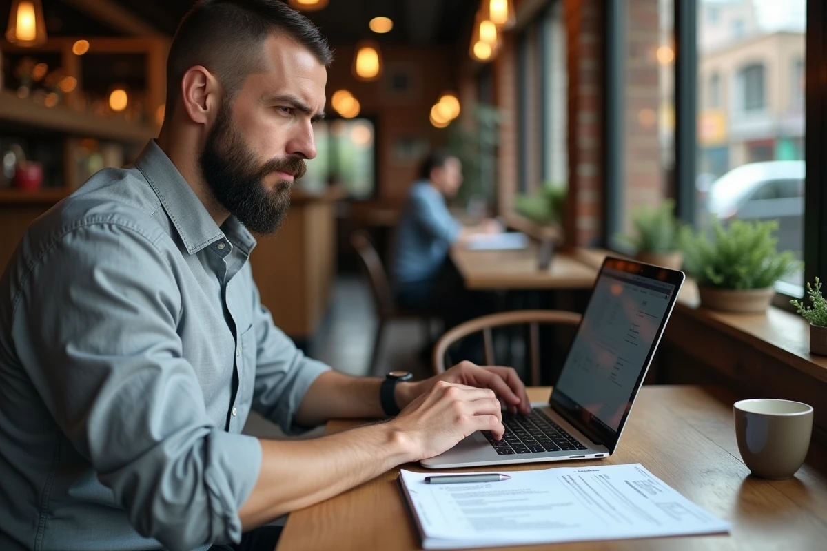 Homme en reconversion militaire rédigeant son CV dans un café en valorisant ses compétences professionnelles