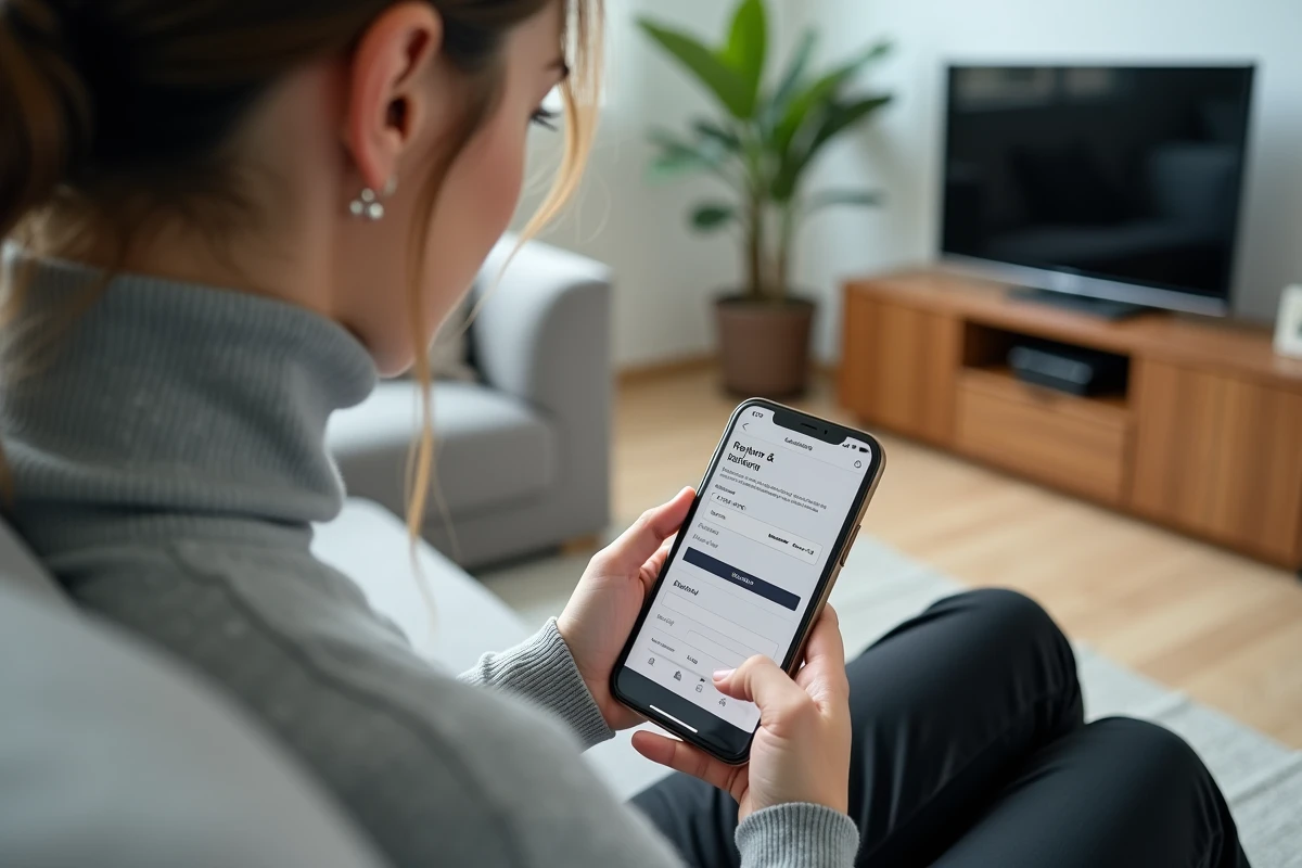 Femme effectuant une demande de remboursement sur l'application Zalando depuis son salon, tenant son smartphone
