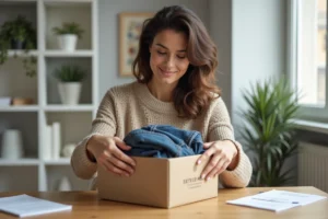 Femme préparant un colis de retour Zalando à son bureau à domicile, repliant soigneusement un jean dans une boîte cartonnée